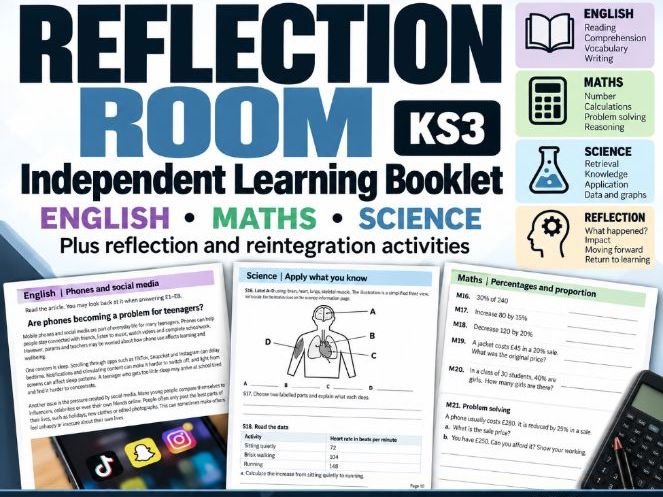 KS3 Reflection Room Booklet | Internal Isolation | English Maths Science + Answers