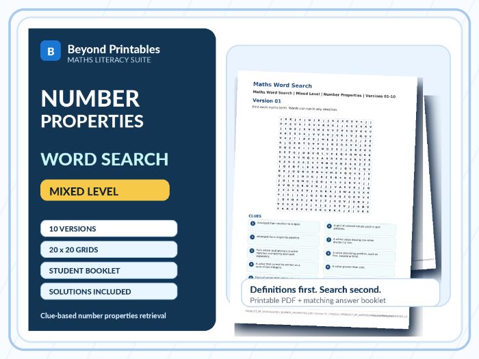 Number Properties Maths Word Search | 10 Printable Vocabulary Puzzles with Solutions
