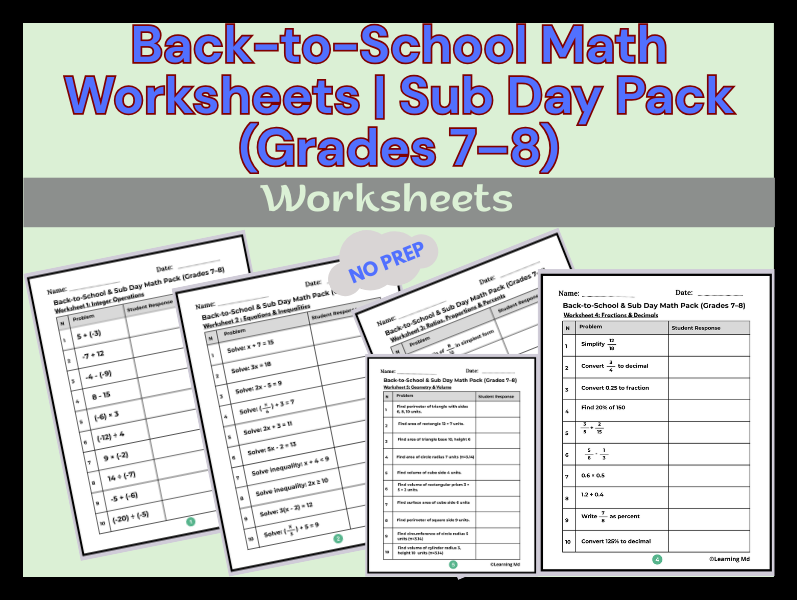 Back-to-School Math Worksheets | Sub Day Pack (Grades 7–8)