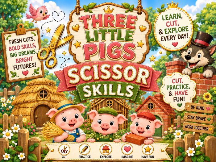 Three Little Pigs Scissor Skills Worksheets | Cutting Practice Fine Motor Activities | Preschool–1st