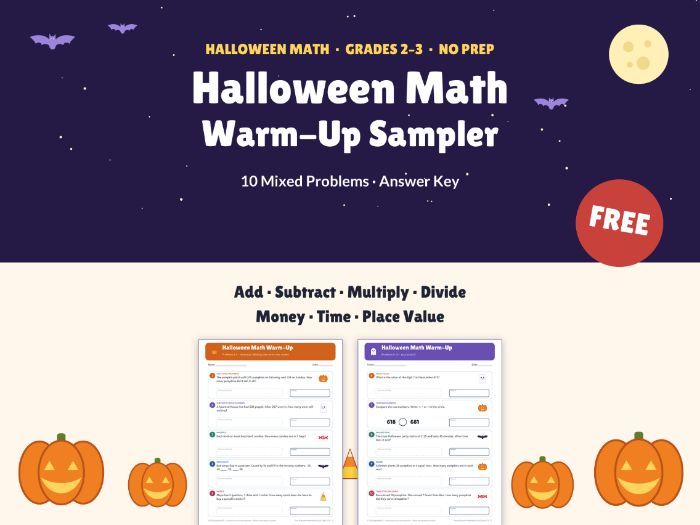 FREE Halloween Math Warm-Up Sampler | Mixed Review, Word Problems | Grades 2-3