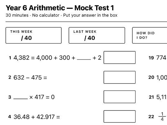 Year 6 Arithmetic Mock Test Pack