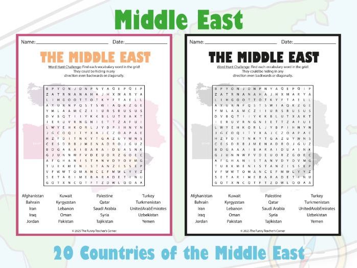 Middle East Word Search Puzzle | 20 Countries of the Middle East Geography