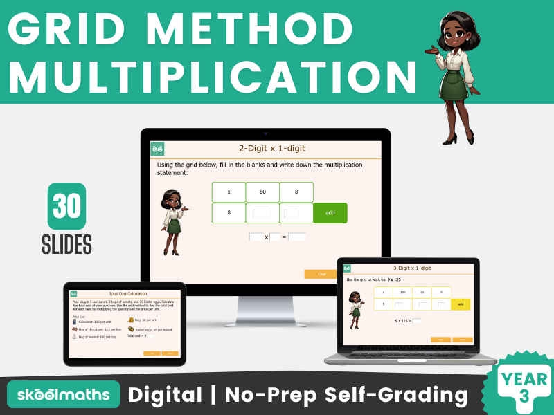 Grid Method Multiplication - Year 3 Interactive Digital Lesson and Activities