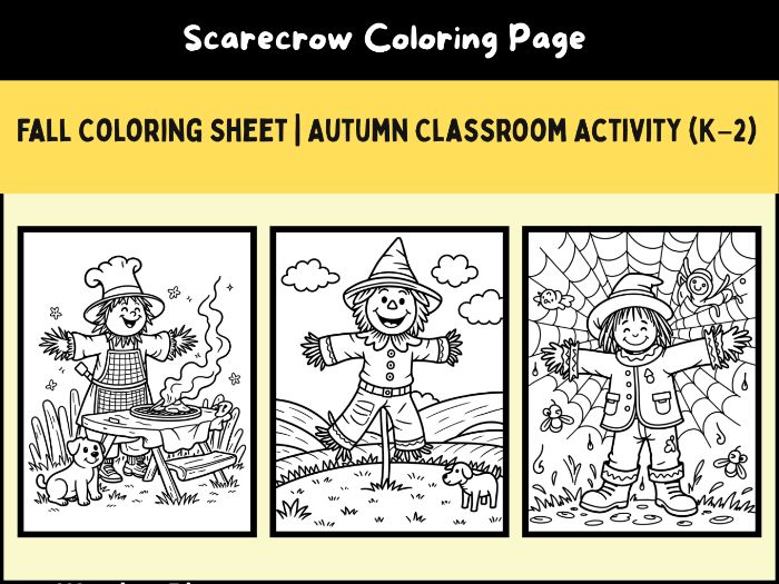 Scarecrow Coloring Page | Fall Coloring Sheet | Autumn Classroom Activity (K–2)
