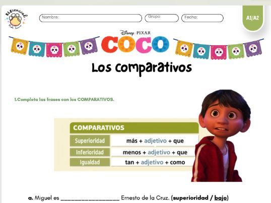 Day of the Dead  (Dia de muertos)- A1/A2 Spanish Grammar Worksheet: Comparatives with Coco