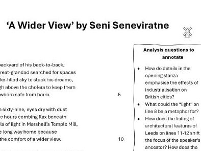 'A Wider View' poetry revision worksheet