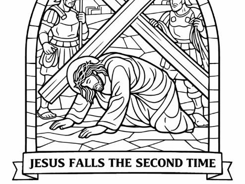 Easter Stations of the Cross - Station 7 Stained Glass Colouring Page - Lent