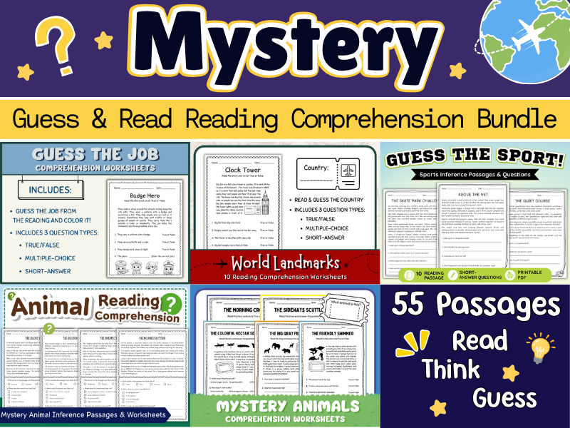Guess & Read Reading Comprehension Bundle | Mystery Animals, Jobs, Sports & Landmarks