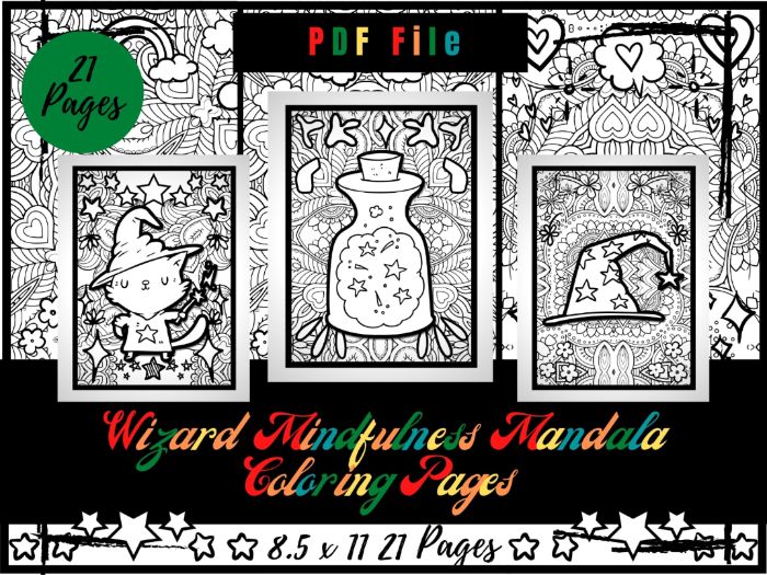 Wizard Mandala Colouring Pages For Kids, Hat And Magic Wand Printable PDF