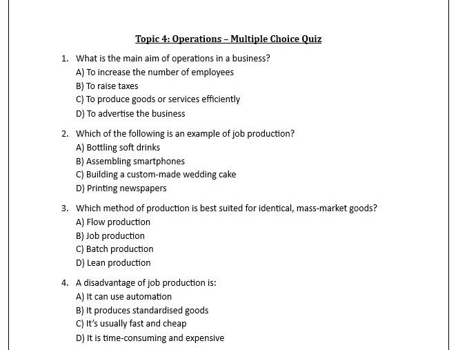 OCR Business Topic 4 Multiple choice quiz and answers