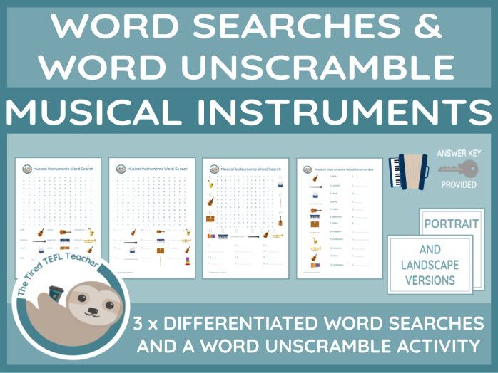 ESL Musical Instruments Differentiated Word Searches and Word Unscramble