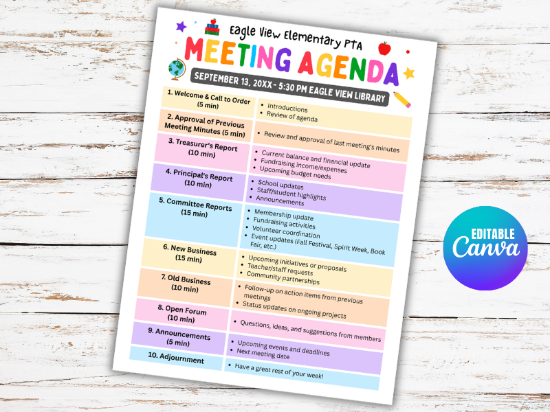 Editable PTO PTA Meeting Agenda Flyer Template: Back to School
