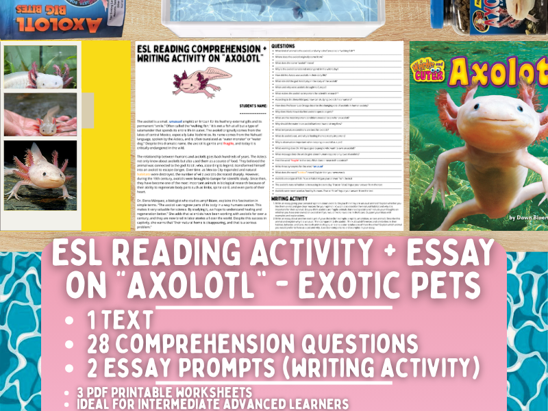ESL Reading Comprehension + Writing Activity Worksheets - Axolotl - Exotic Pets