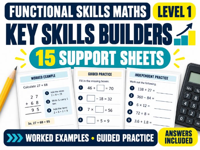 Functional Skills Maths Level 1 – Key Skills Builders: 15 Support Worksheets with Answers