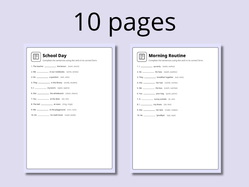 Daily Routines & Present Simple Verbs - 10 Writing Worksheets