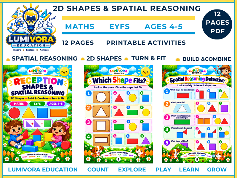Reception 2D Shapes & Spatial Reasoning Worksheets  EYFS Shape Activities Ages 4–5