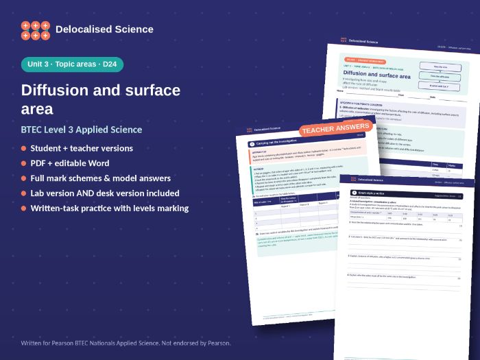 BTEC Applied Science Unit 3: Diffusion and surface area (D24) - worksheet + answers