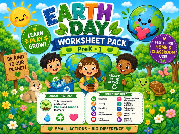 Earth Day Worksheets for Pre-K to 1st Grade | Counting, Missing Numbers & Math Activities