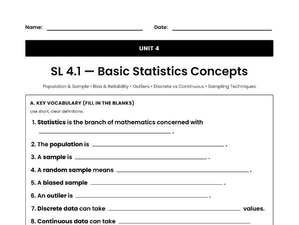 IB Math AI Worksheet SL 4.1 - Basic Statistics Concepts