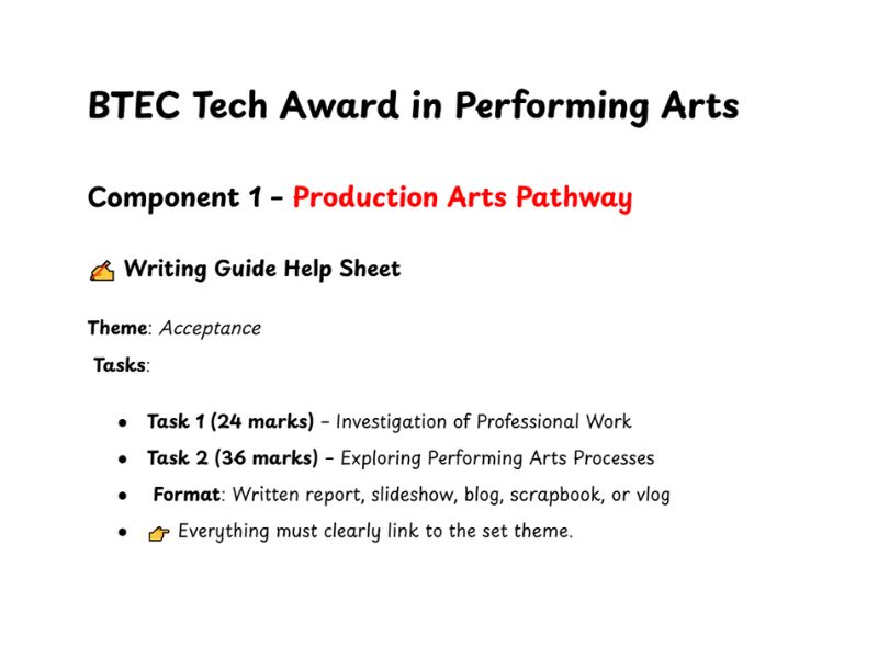 BTEC PA - Production Arts Component 1 Writing Guide (SEND-Friendly)