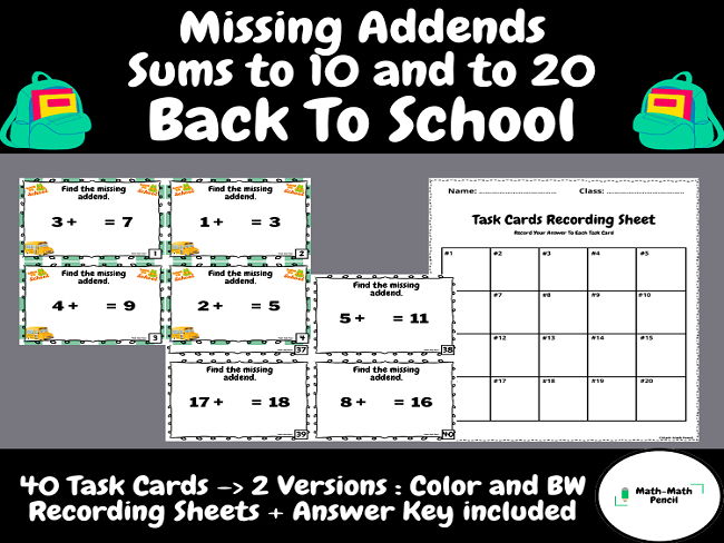 Missing Addends Sums to 10 and to 20 | Task Cards+Answer Key | Back to School | First Grade
