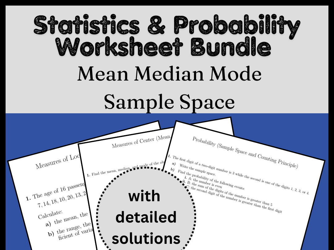 Statistics & Probability Worksheet Bundle | Mean Median Mode Sample Space