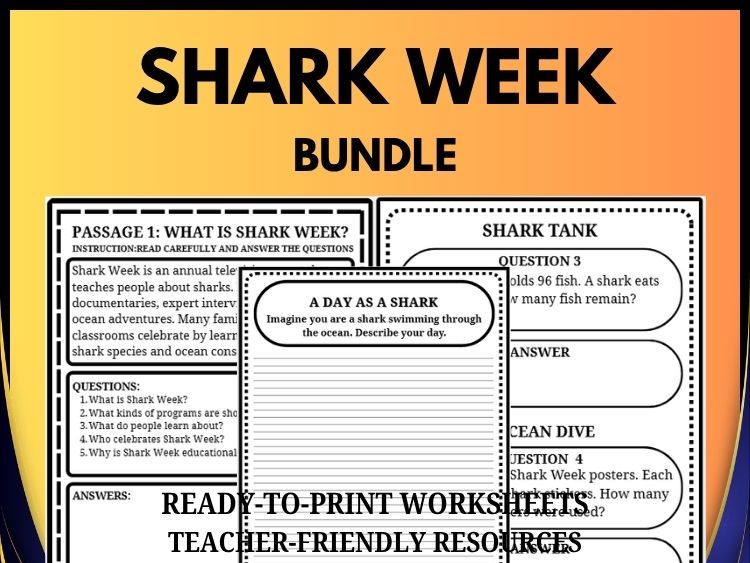 Shark Week Activities Bundle | Reading Comprehension, Math Word Problems & Writing Prompts | Grades 2–8