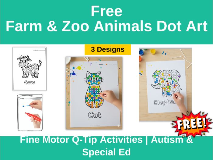 Free Farm & Zoo Animals Dot Art Worksheets