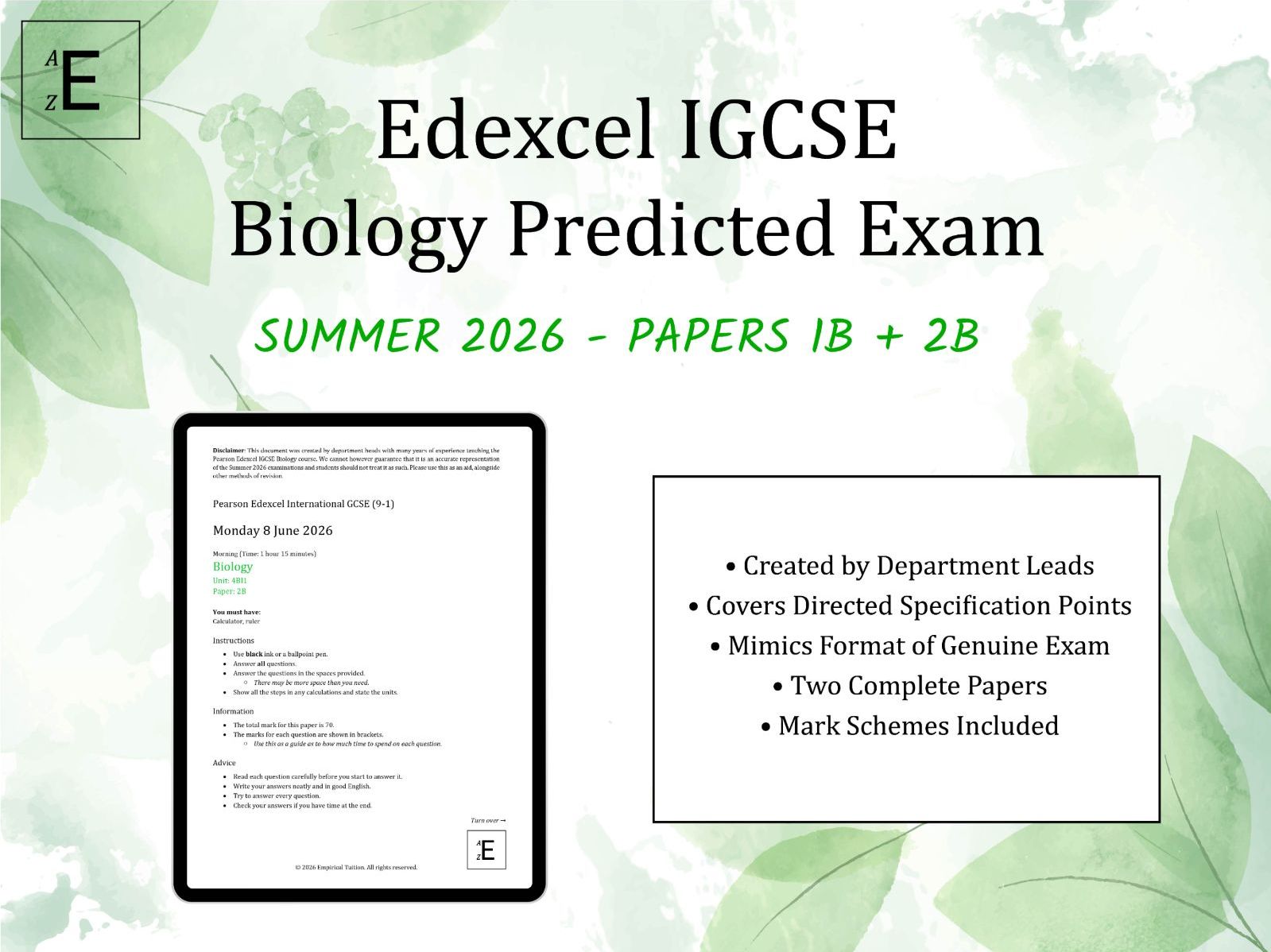 Summer 2026 IGCSE Biology Predicted Exams - Edexcel Papers 1B and 2B