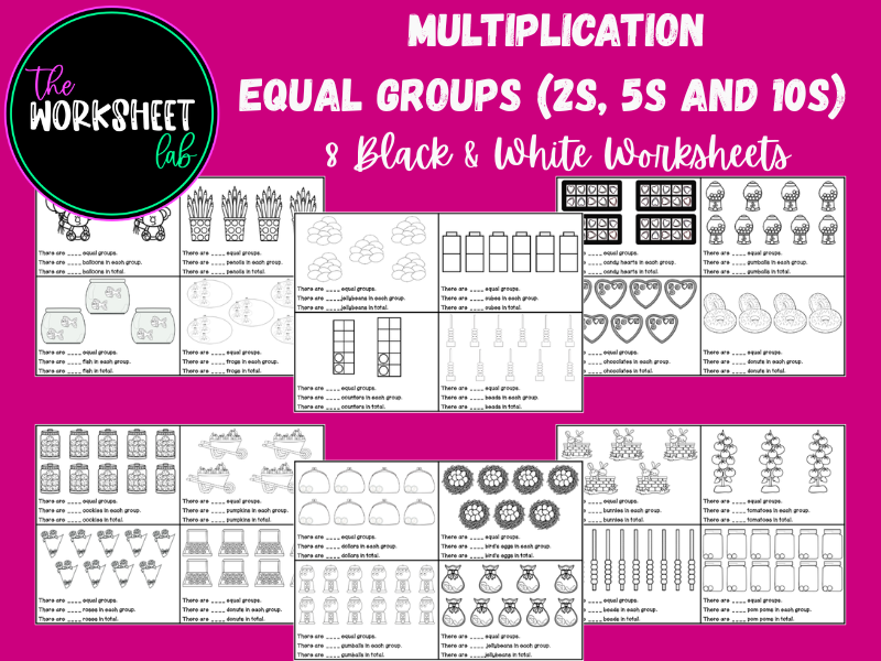 Multiplication - Equal Groups (by 2s, 5s and 10s) Worksheets in Black and White