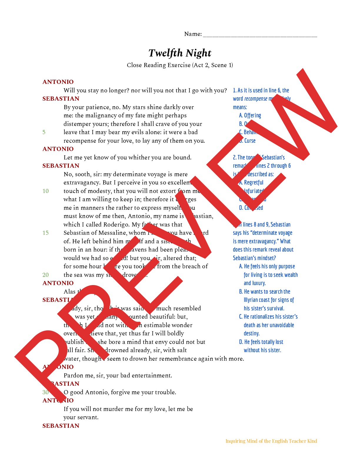 Twelfth Night Close Reading Worksheet - Act 2, Scene 1 | Teaching Resources