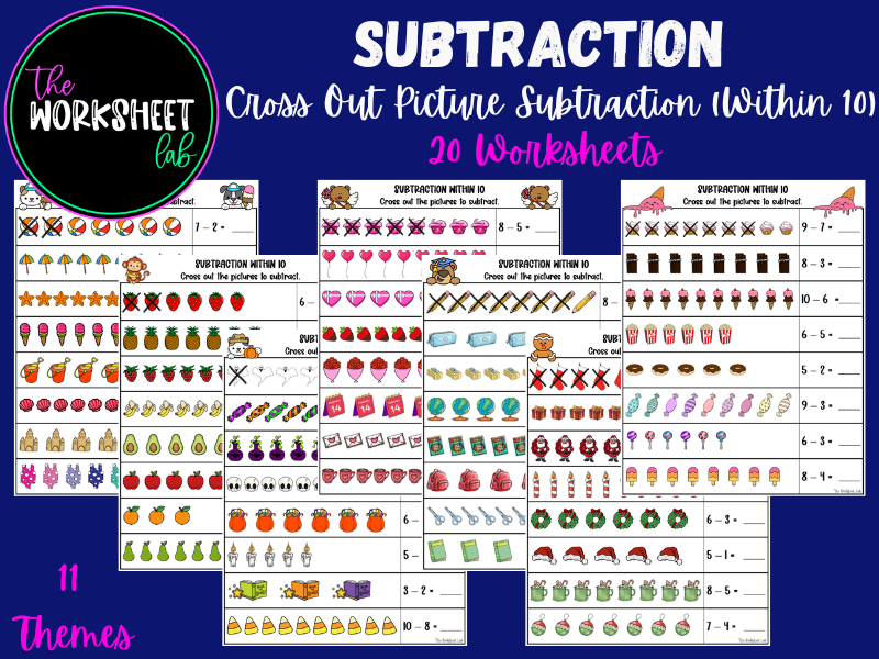 SUBTRACTION: Cross Out Picture Subtraction (Within 10) Worksheets in Colour