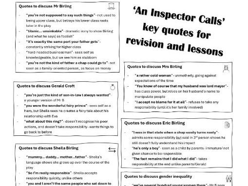 An Inspector Calls GCSE Quotation Sheet