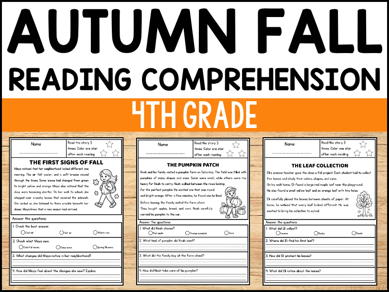 4th Grade Fall Reading Comprehension Passages and Questions Worksheets
