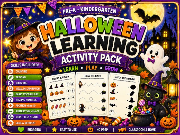 Halloween Activities for Pre-K & Kindergarten | Math, Tracing, Matching & Vocabulary Worksheets