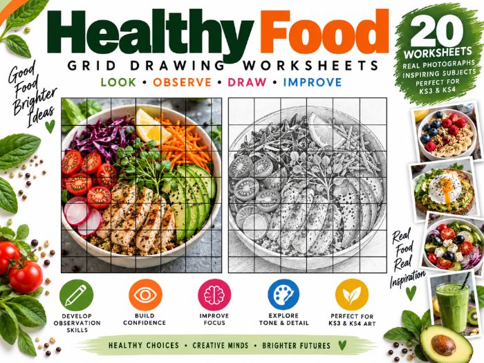 Healthy Food Grid Drawing Worksheets | 20 Real Photo Drawing Activities | KS3 KS4 Art | 6x6 Grid Dra