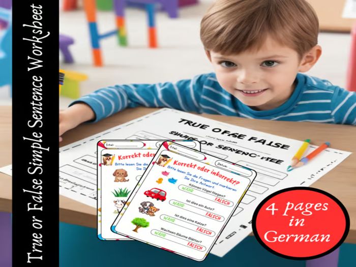 True or False Simple Sentence Worksheet for Kids in German
