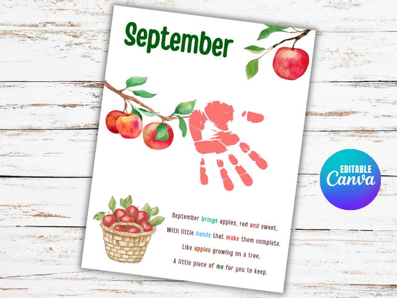 September Handprint Craft, Apple Fall Handprint Poem Art for Toddler PreK Preschool