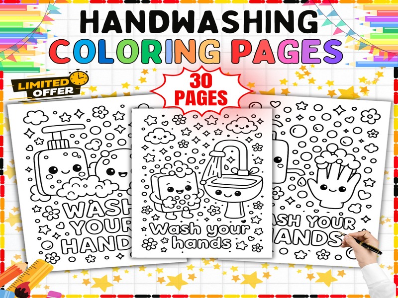 Wash Your Hands Coloring Pages | 30 Page Coloring Sheets | Soap and Hygiene Practice