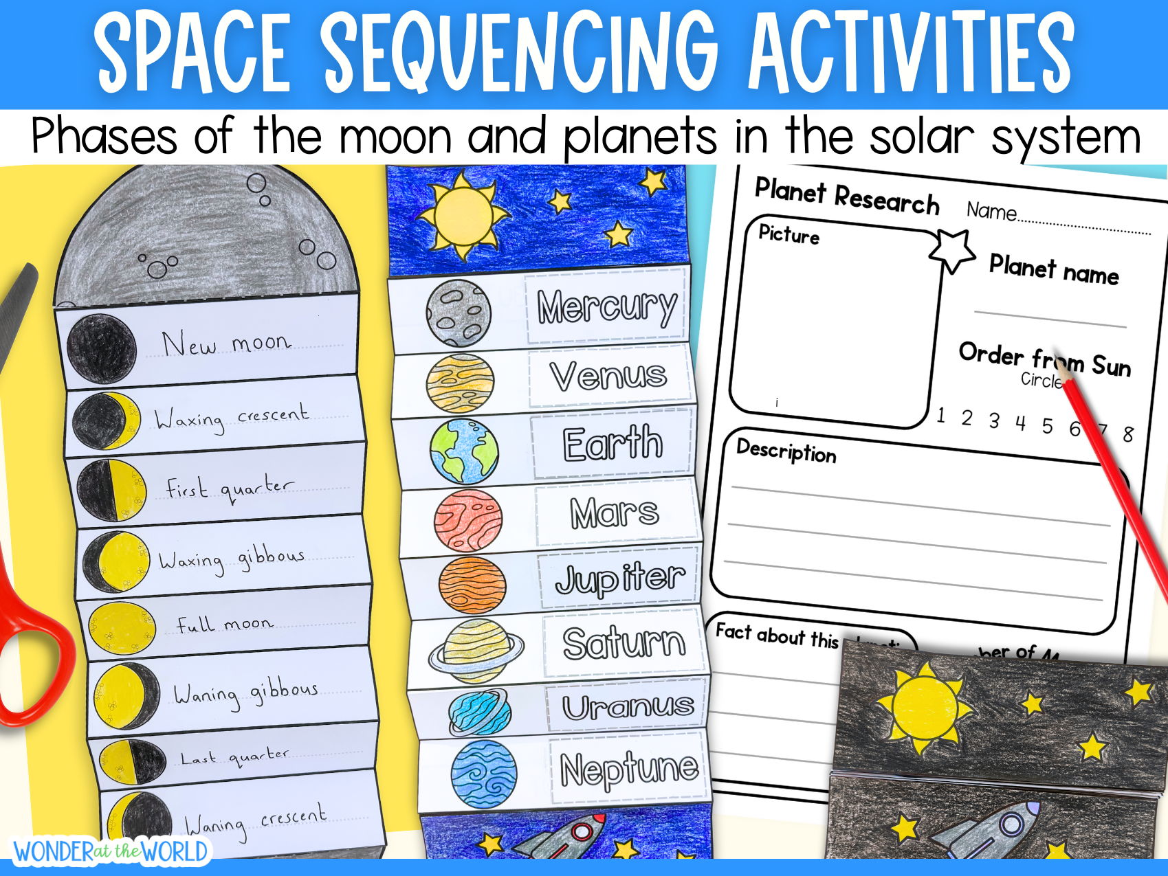 Space foldable sequencing activities phases of the moon and planets in the solar system KS2