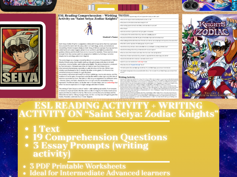 ESL Reading Comprehension + Essay Worksheets - Saint Seiya: Zodiac Knights