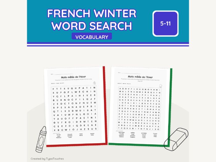 French Winter Word Search Puzzles | 8 Sheets