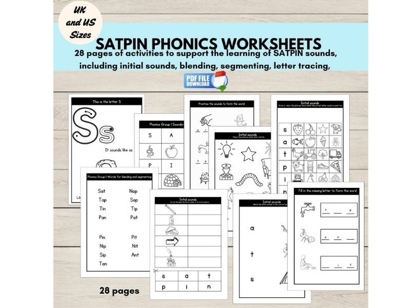 SATPIN Phonics Worksheets, Group 1 Initial Sounds, CVC Words & Letter Tracing