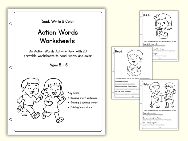 Action Words Worksheets – Read, Write & Color (Ages 5–6)