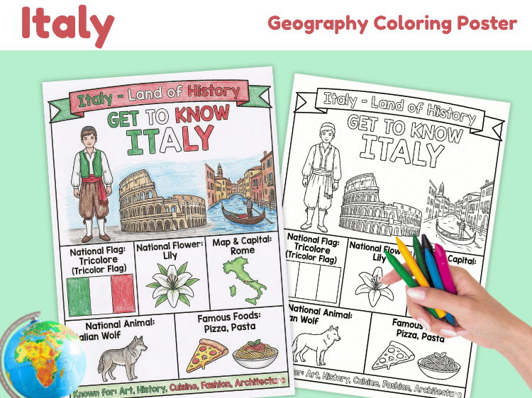 Italy Geography Coloring Poster | Country Facts & Landmarks
