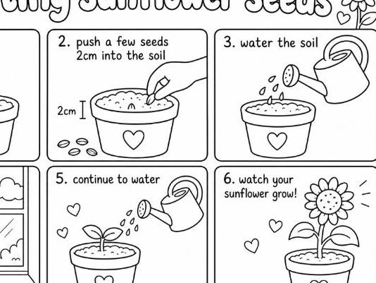 How to Plant Seeds Steps Colouring Worksheet- Sunflowers