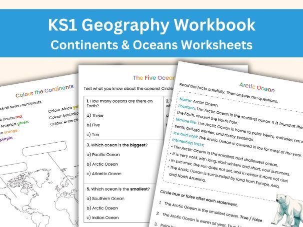 KS1 Geography: Continents & Oceans Workbook | Activities for Kids | Printable Pack (23 Pages)