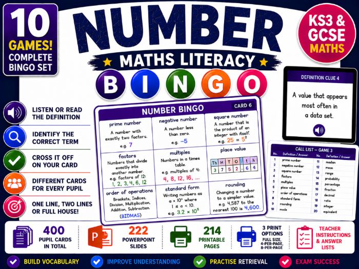 Number Maths Literacy Bingo | KS3 & GCSE Vocabulary Retrieval | 10 Games