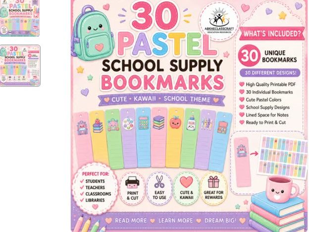 30 Pastel School Supply Bookmarks, Cute Printable Reading Bookmarks for Students